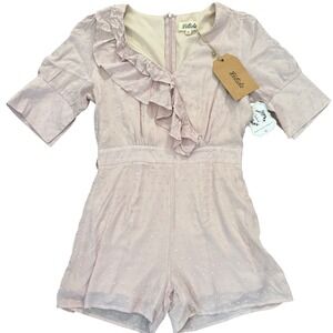 Listicle Womens Pink Swiss‎ Dot Ruffle V Neck Puff Sleeve Romper M